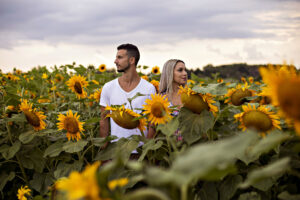 Engaged couple walking in field of sunflowers in the summer.