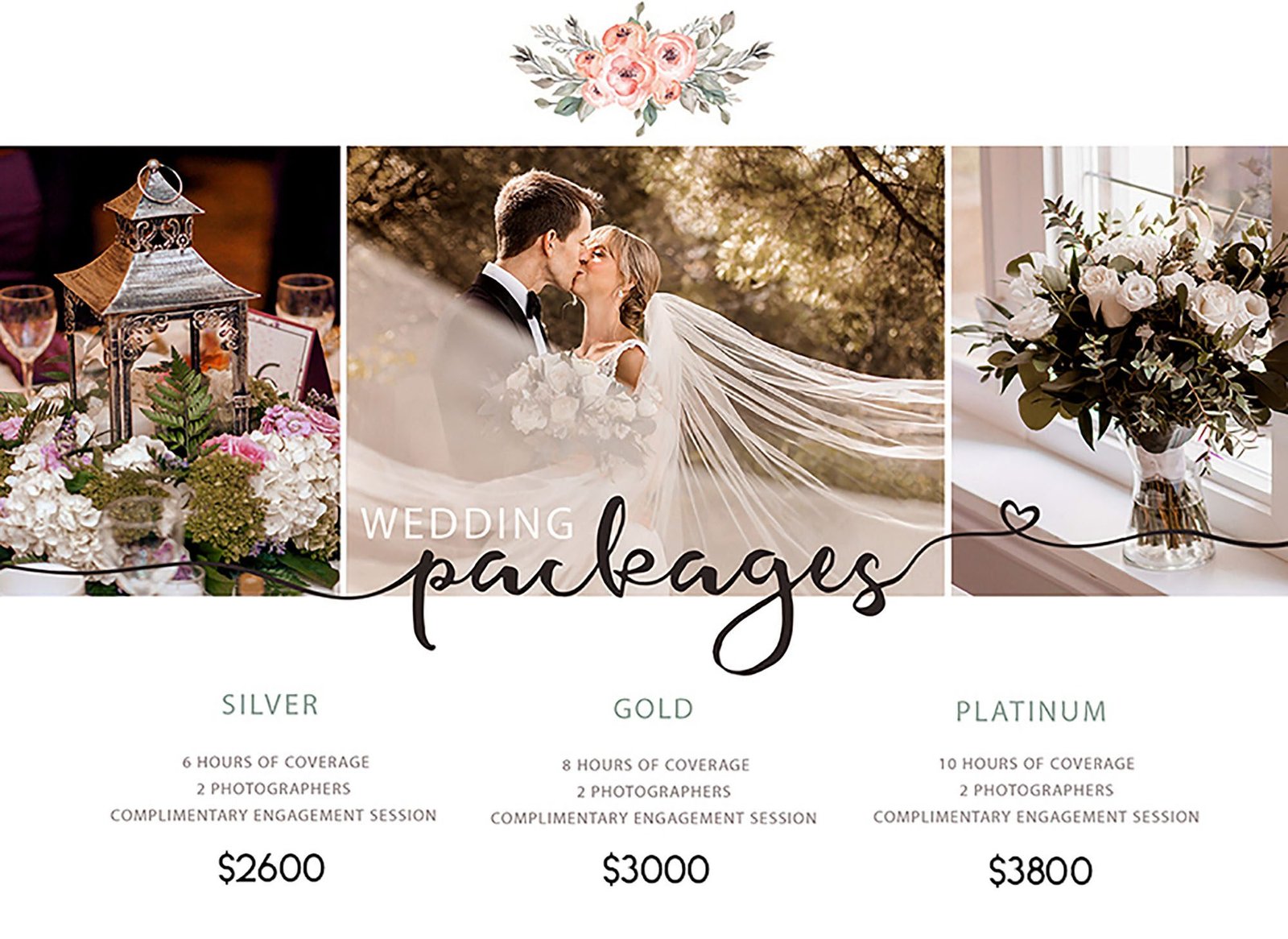 Wedding packages with pricing for Silver, Gold, and Platinum options